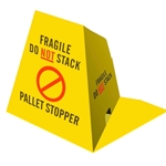 Bright yellow pallet stopper cone with 'Fragile Do Not Stack' warning, designed for warehouse safety and pallet protection. from ABL Distribution