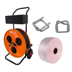 19 mm composite polyester strapping kit with dispenser, tensioner, and buckles.