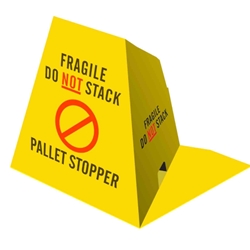 Bright yellow pallet stopper cone with 'Fragile Do Not Stack' warning, designed for warehouse safety and pallet protection. from ABL Distribution