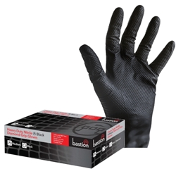 Bastion Heavy Duty Nitrile Diamond Grip Black Gloves with raised diamond texture and beaded cuff.