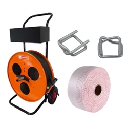 Click here to view larger image 19 mm composite polyester strapping kit with dispenser, tensioner, and buckles.